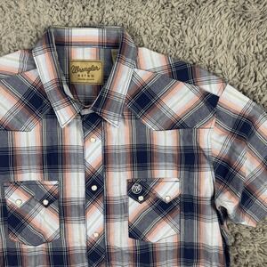 Wrangler Retro Western Pearl Snap Blue & Peach Plaid Mens XXL Short Sleeve Shirt